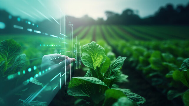 Human hand touching virtual screen against field of young tobacco growing in farm