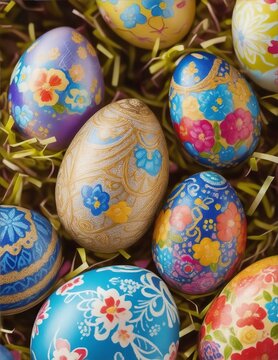 Beautiful colorful easter eggs on blue wooden