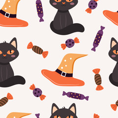Halloween pattern with cat, hat and sweets