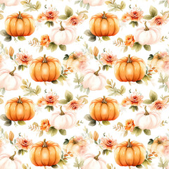 Beautiful vintage pumpkin seamless watercolor pattern on white background. Simple retro background. Thanksgiving or Haloween holiday print. Design for fabric, wallpaper, packaging, wrapping paper