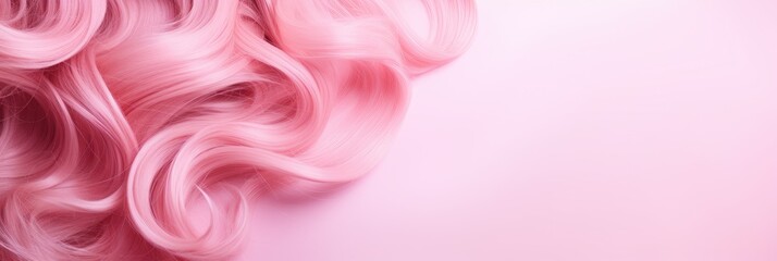 Wavy texture of healthy colored curly pink hair isolated on pink background, baner. ai generative