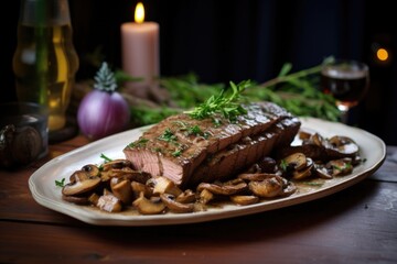 Fototapeta na wymiar seitan steak with mushroom sauce on plate