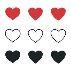 Hearts flat icons. Live stream video, chat, likes. Social nets like red heart web buttons isolated on white background.