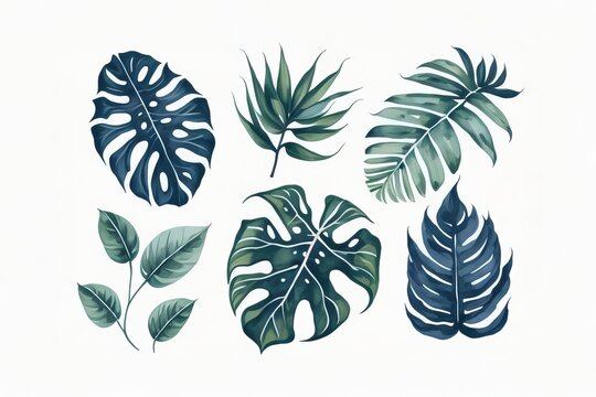 watercolor Large hand drawn tropical plants and flowers set