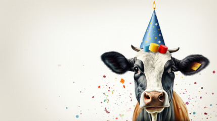 A humorous cartoon cow donning a festive party hat stands out against a clean white background. This colorful and lively depiction serves as a joyful greeting card