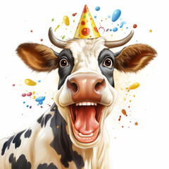 An amusing cartoon depiction of a festive cow, set against a clean white background. This lively and colorful image creates a cheerful and vibrant greeting card.