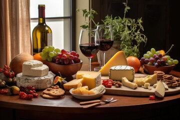 gourmet cheese collection with wine glasses nearby