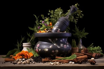 herbs and spices scattered artistically around a mortar and pestle
