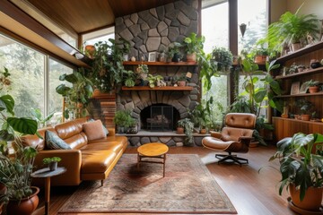 Fototapeta premium The cozy living room is adorned with an armchair, houseplants, and a vintage carpet.