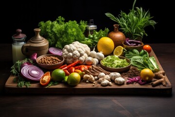 fresh ingredients displayed on a board