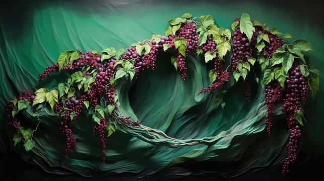  a painting of a bunch of grapes on a green background.  generative ai