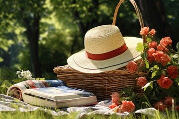 picnic basket with a book and sun hat on a sunny day
