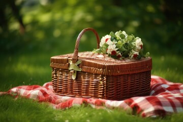 Fototapeta na wymiar wicker picnic basket with checkered cloth on grass