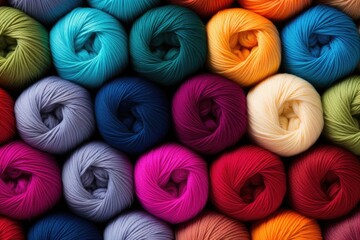 Background from colored yarn. Balls of thread close-up. Materials for needlework. Rack with yarn in the store. Shelf with multi-colored threads for knitting