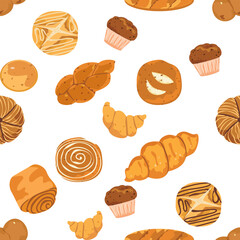Seamless pattern of bakery pastries, desserts, bread, creative textures for packaging, textiles, wallpaper, cute vector illustration, and white background.