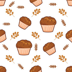 Seamless pattern of bakery treats, cupcakes, and leaves. Creative texture for packaging, textiles, and wallpaper. This cute vector illustration is on a white background.