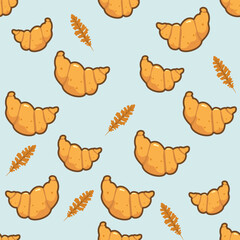 Seamless pattern of bakery items, croissants, and leaves. Creative texture for packaging, textiles, and wallpaper. This cute vector illustration is on a white background.