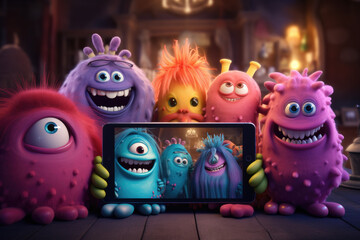 Cute little monster friends having a video call around a tablet &mdash; Generative AI