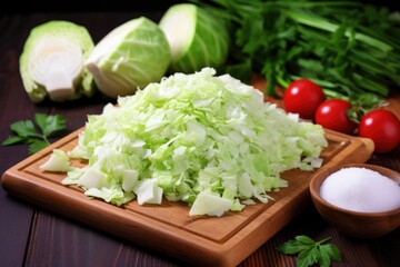 freshly chopped cabbage with salt on wooden board