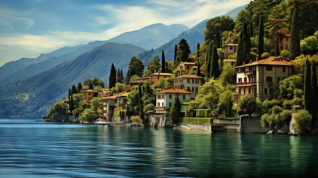  a painting of a village on a lake with mountains in the background.  generative ai