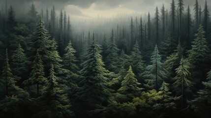  a painting of a forest filled with tall trees under a cloudy sky.  generative ai