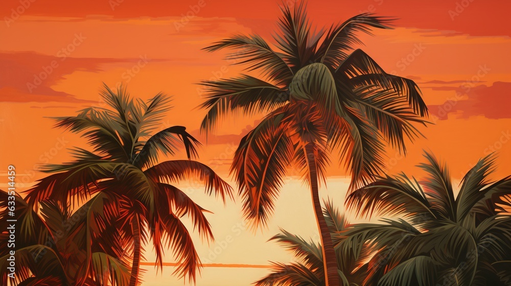 Poster a painting of a sunset with palm trees and the ocean in the background. generative ai