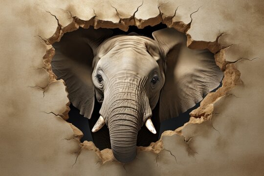 Fototapeta wallpapers with elephant emerging from walls.