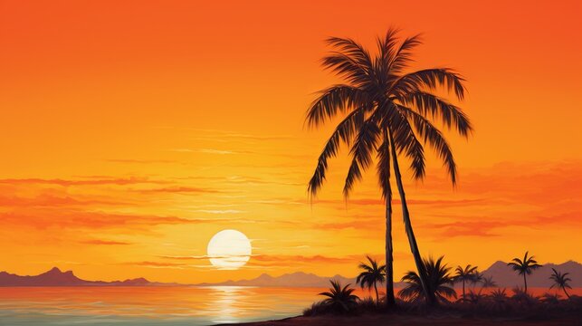  a painting of a sunset with a palm tree in the foreground.  generative ai