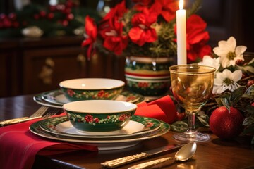 table set with holiday-themed dinnerware