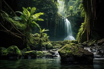 natural waterfall amidst pristine rainforest - obrazy, fototapety, plakaty