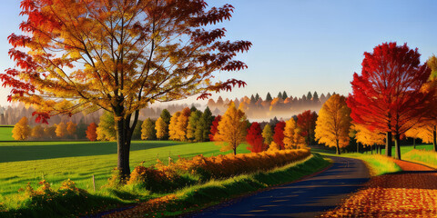 Scenic road in the autumn daylight forest landscape