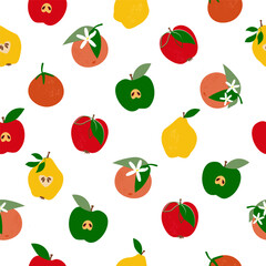 Seamless pattern with different summer fruits. Print with apples, citrus fruits, pears and oranges. Vector graphics.