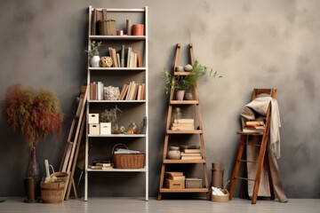 ladder bookshelf in minimalist workspace with art supplies