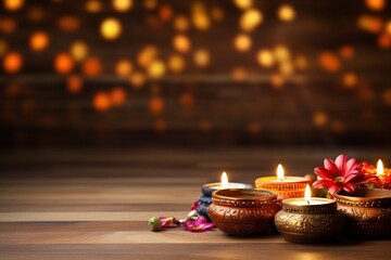 Diwali holiday home decorations on wooden table