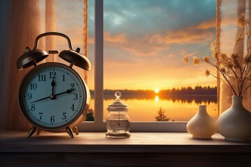 alarm clock showing sunrise time near window with beautiful view