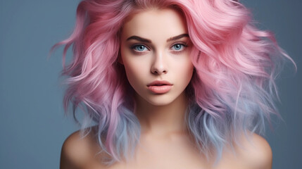 Naklejka premium Portrait of beautiful model with blue pink hair for an advertisement for cosmetics brand.