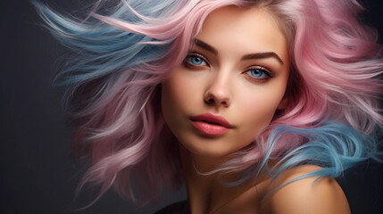 Fototapeta premium Portrait of beautiful model with blue pink hair for an advertisement for cosmetics brand.