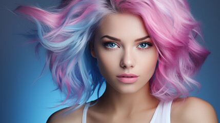 Portrait of beautiful model with blue pink hair for an advertisement for cosmetics brand.