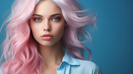 Fototapeta premium Portrait of beautiful model with blue pink hair for an advertisement for cosmetics brand.
