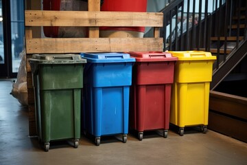 color-coded recycling bins in a garage corner