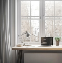Work desk with laptop, coffee cup and houseplant in front of window with morning sunlight. Generative AI. Home cozy office concept in scandinavian style