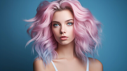 Fototapeta premium Portrait of beautiful model with blue pink hair for an advertisement for cosmetics brand.