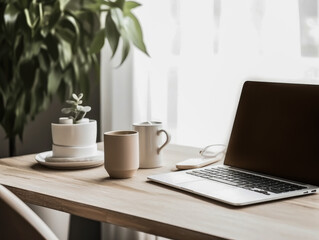 Work desk with laptop, coffee cup and houseplant in front of window with morning sunlight. Generative AI. Home cozy office concept in scandinavian style