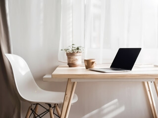 Desktop with laptop and cup of coffee  in front of a window with morning sunlight. Generative AI.  Home cozy office concept in scandinavian style