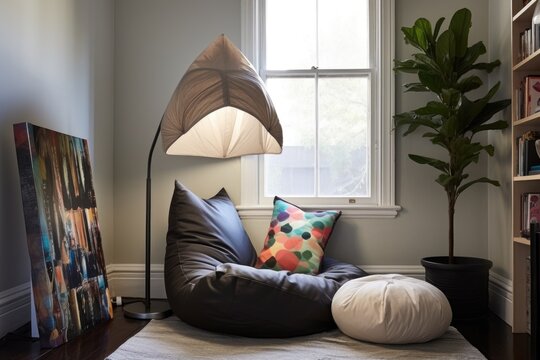 study nook with bean bag chair and floor lamp