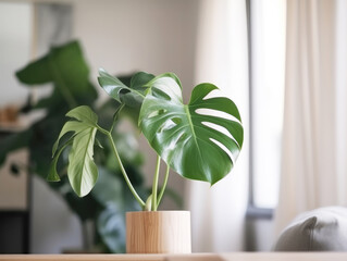 Monstera houseplants in a pot in a stylish Scandinavian living room interior. Generative AI. The concept of minimalistic Scandinavian style in the interior