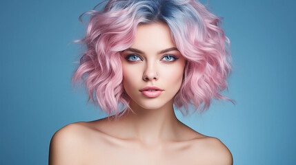 Fototapeta premium Portrait of beautiful model with blue pink hair for an advertisement for cosmetics brand.
