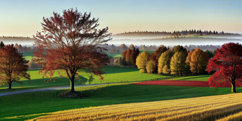 Obraz premium Autumn green meadow by colorful foliage of trees environment