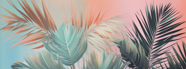 Fototapeta na wymiar Multicolored palm leaves on a pastel background. AI generated. Illustration for design, poster or print.