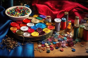 various colorful buttons and threads on table